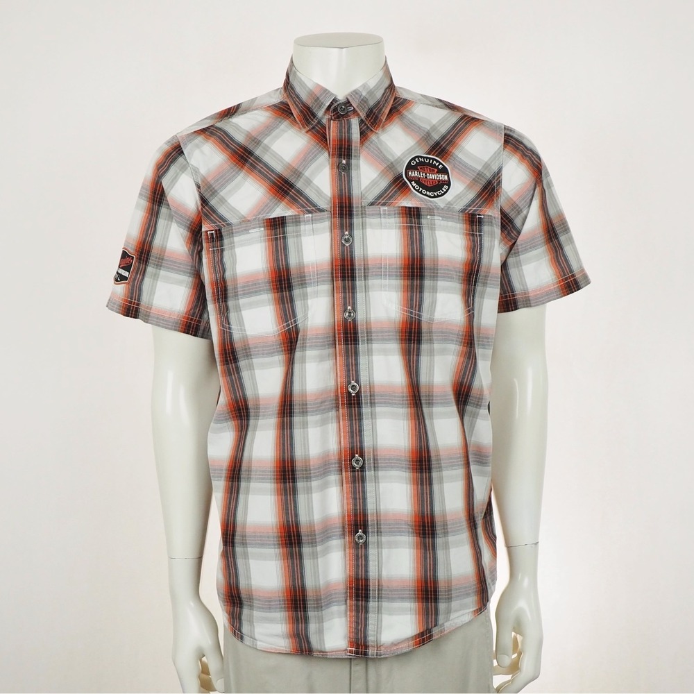 Harley Davidson Button Down Shirt Mens Medium White Plaid Cotton Blend Camp